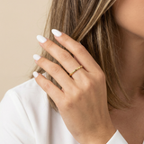 Close-up of a hand with a gold stackable ring on a neutral background