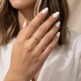 Close-up of a hand with a gold ring and light-colored nails against a neutral background