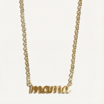 Gold 'mama' necklace on a white background