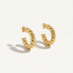 Pair of gold hoop earrings on a light gray background