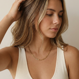 Woman wearing a gold paperclip necklace against a neutral background