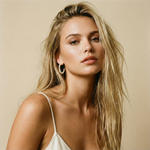 Woman with long blonde hair wearing a white top and pearl hoop earrings against a beige background